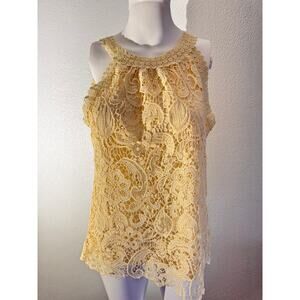 Adiva Cream Lace Sleeveless Blouse – Size M – High Neck Crochet Overlay